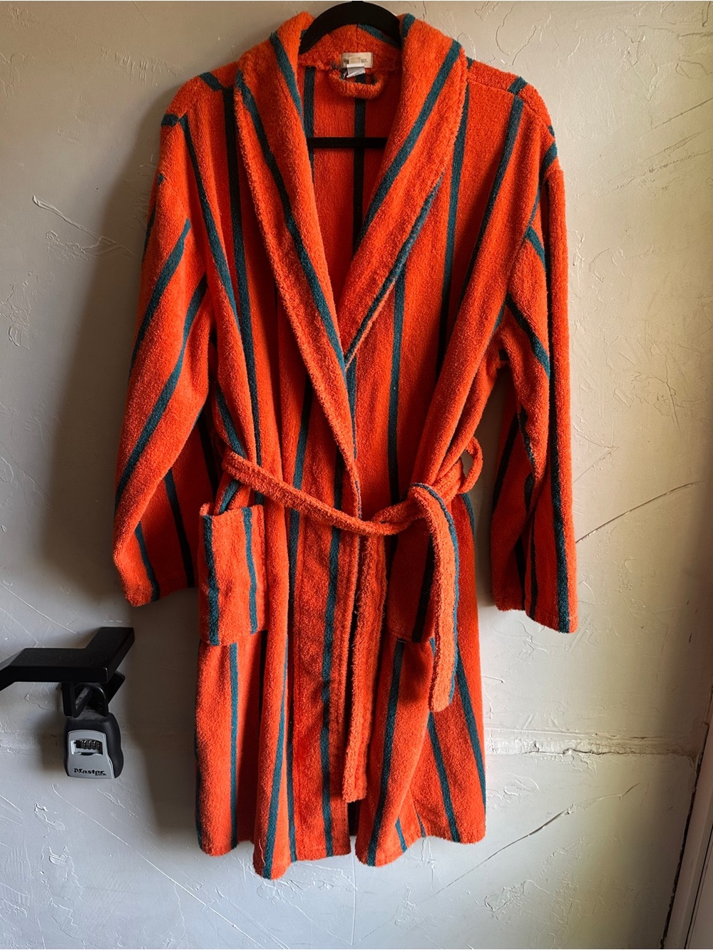 World Market Orange Teal Striped Terry Cloth Bath Robe Retro Resort Spa Cotton